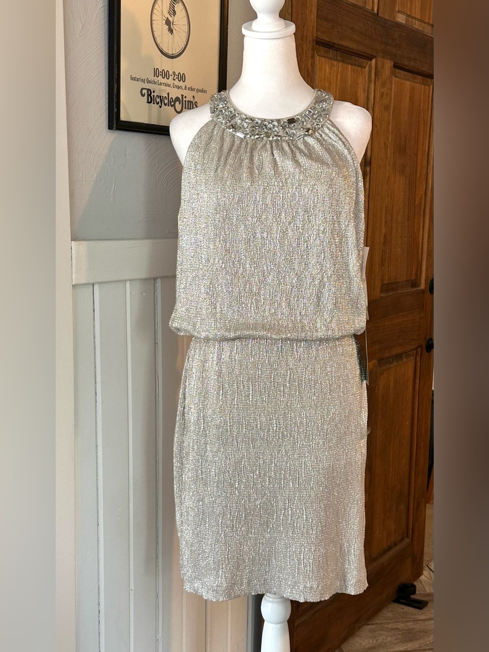 Jackie Jon New York Champagne Beaded Neckline Shimmer Halter Dress NWT Sz 8